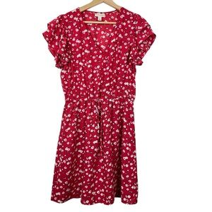 MAISON JULES Ditsy Floral V-Neck Flowy Dress, Red/White, Size Medium